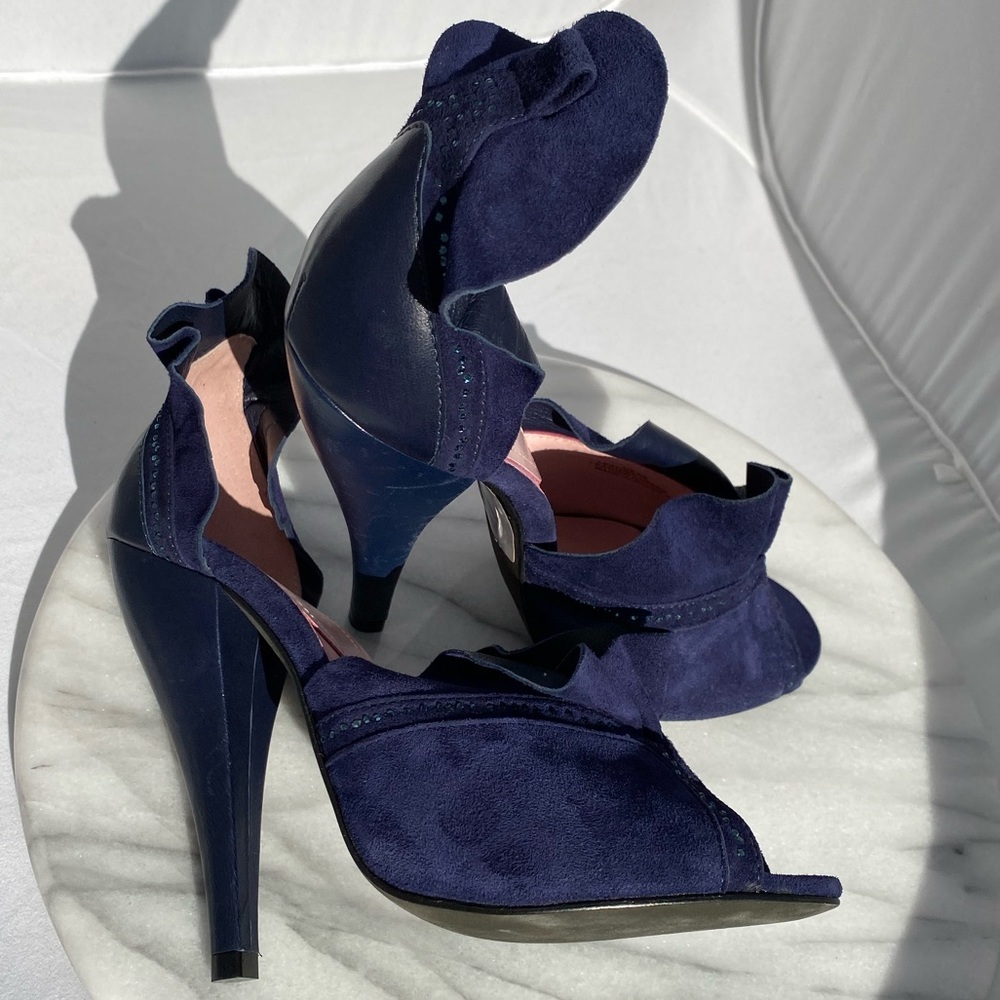 Rebecca Taylor Blue Crystal Heels Peep Toe Ruffle Y2K Vintage Coquette Shoes New
